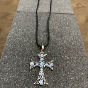 Lia Sophia Blue Crystal Cross on Black Necklace